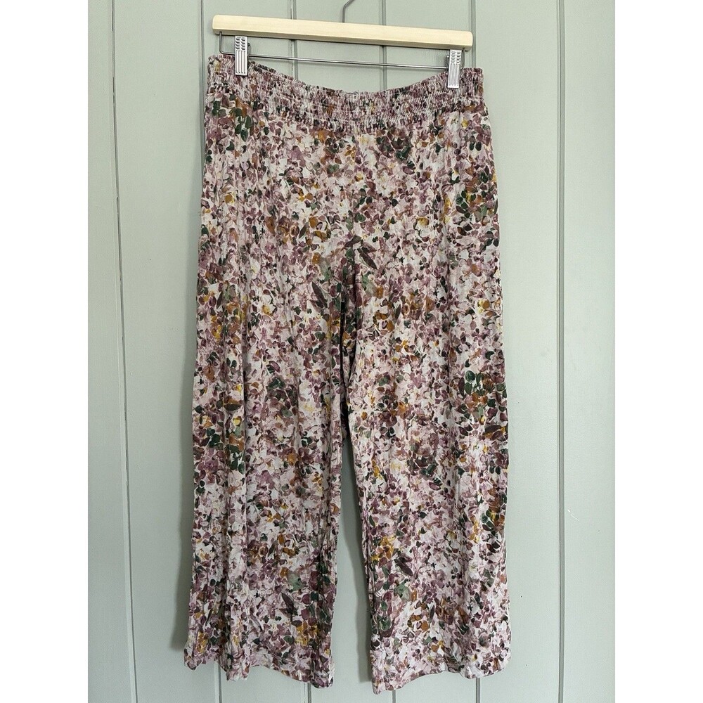 Soma Pajama Lounge Pants XL Wide Leg Crop Length Smocked Waist Gray Pink Floral
